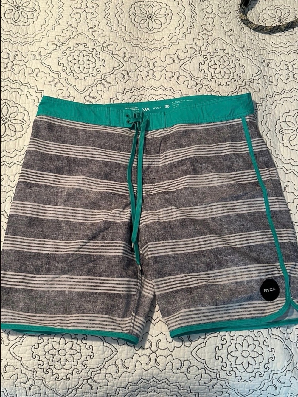 RVCA Gray Striped Swim Shorts with Teal Accents